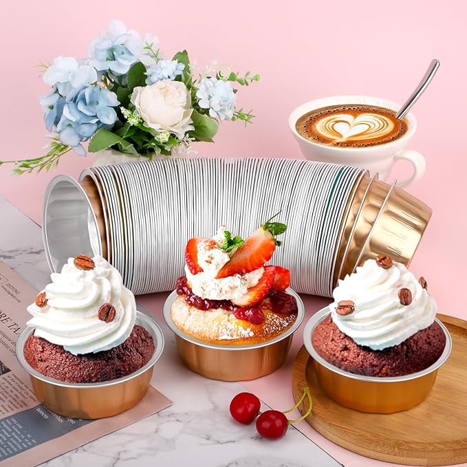 Beasea Aluminum Ramekins, 8oz 100 Pack Disposable Ramekins Foil Cups Baking 3.9" Ramekin Cup Cupcake Aluminum Mini Baking Cups for Party - Rose Gold