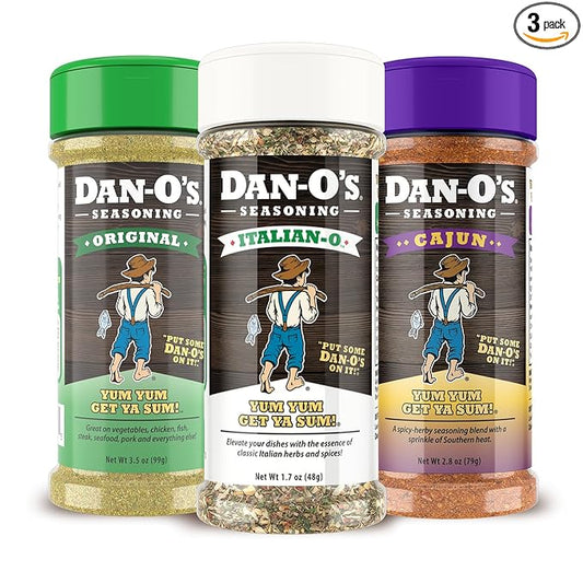 Dan-O's 3 Bottle Seasoning Set, Small Bottles, 3 Pack, Includes Original, Cajun and Italian-O Seasonings, Sugar Free, Zero Calorie, Use this Seasoning Kit on Meat, Pasta or Veggies