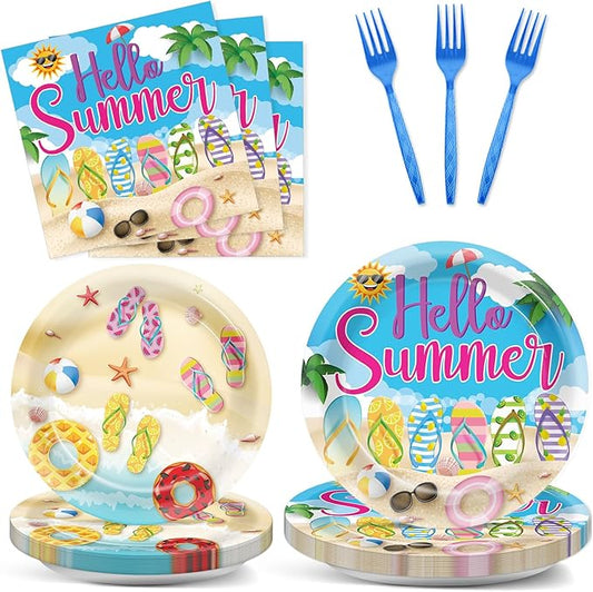 96Pcs Hello Summer Plates and Napkins Beach Party Decorations Hawaiian Tropical Disposable Paper Dessert Plates Tableware Set for 24 Guests Kids Summery Ocean Pool Birthday Party Supplies