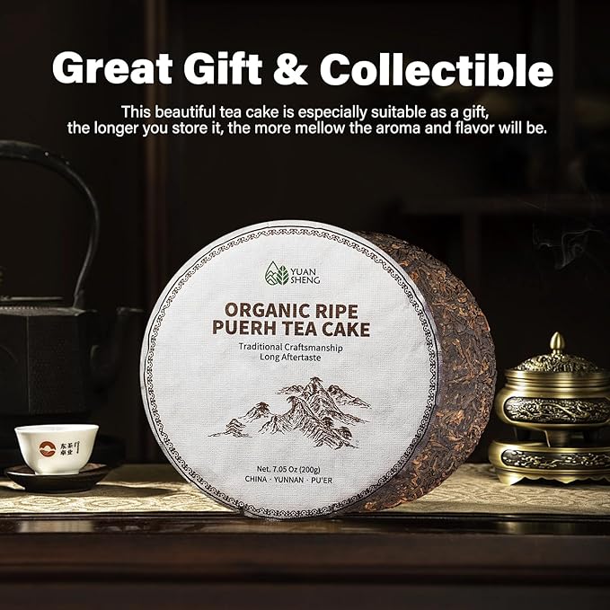 YUANSHENG Organic Ripe Pu-erh tea Cake, USDA Certified Aged Fermented Pu Erh Tea Cake, Woody Aroma, Chinese Yunnan Ancient Tree Puerh Tea Black Tea for Daily Drink and Gift, No Fishy, 7.06 Oz