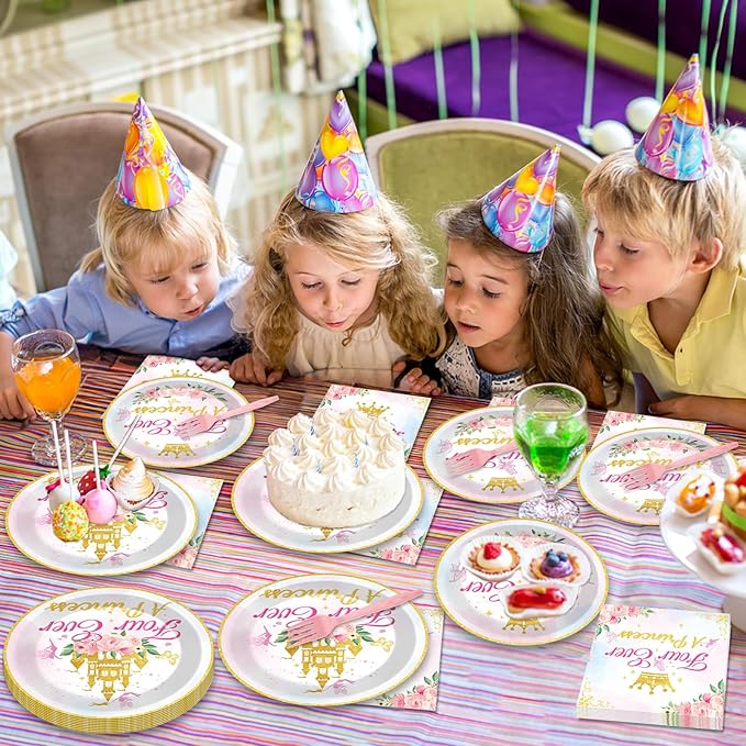 96Pcs Four Ever a Princess Plates and Napkins Girl 4th Birthday Party Decorations Royal Pastel Castle Dessert Disposable Plates Pink & Gold Tableware Set for 24 Guests Floral Fairytale Party Supplies