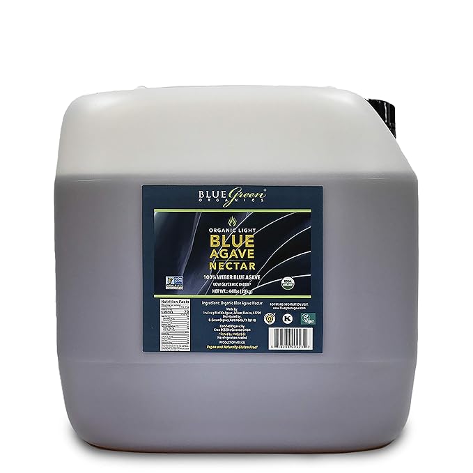 BLUE GREEN ORGANICS, Agave syrup, Agave, Gluten Free, Organic, Sweetener, cakes, coffees, pancakes or any baked good, For restaurants, Sugar substitute Light, 44 lb, 4 gallon
