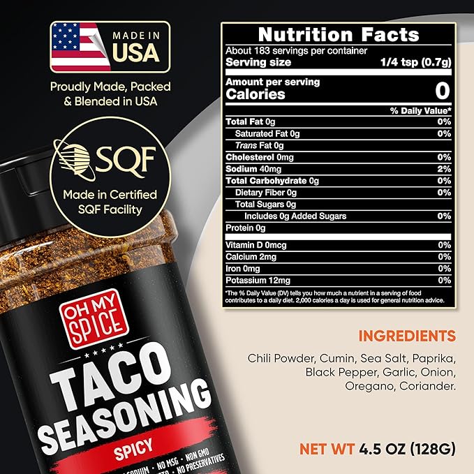 Taco Seasoning Mix Spicy Chili Powder - Gluten Free & Low Sodium Mexican Seasoning Blend for Taco Tuesday Night. Fajita & Burrito Spicy Seasonings. Meat, Chicken & Fish Tacos Hot Spices Topping. 4.5oz