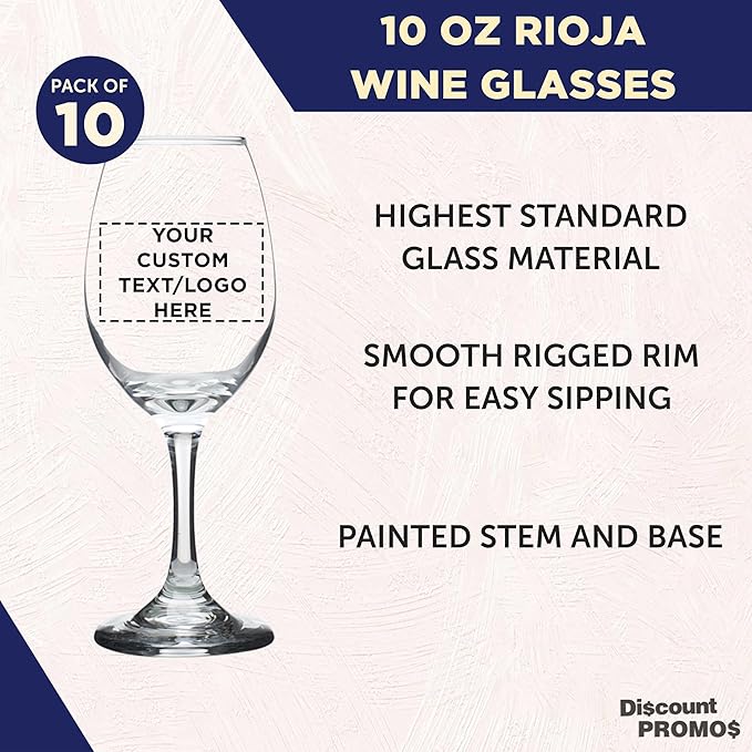 Custom Rioja Wine Glasses with Stem 10 oz. Set of 10, Personalized Bulk Pack - Color Bottom, Perfect for Wedding, Party Favors, Birthday, Bridal Shower Gifts - Clear