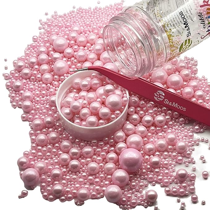 SE Si&Moos Pink Edible Pearls Baby Pink Pearl Sprinkles for Cake Decorating Edible Cake Sugar Pearls Halloween Christmas Cookie Decorations Edible Baby Shower Cake Decorations for Cakes,Cupcakes Toppers 3.5 OZ with Tweezers