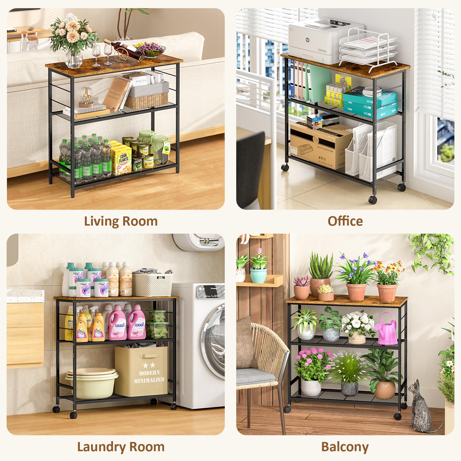 3 Tier Rolling Kitchen Microwave Cart, 33 Inch Microwave Table Stand with Adjustable Shelf, Kitchen