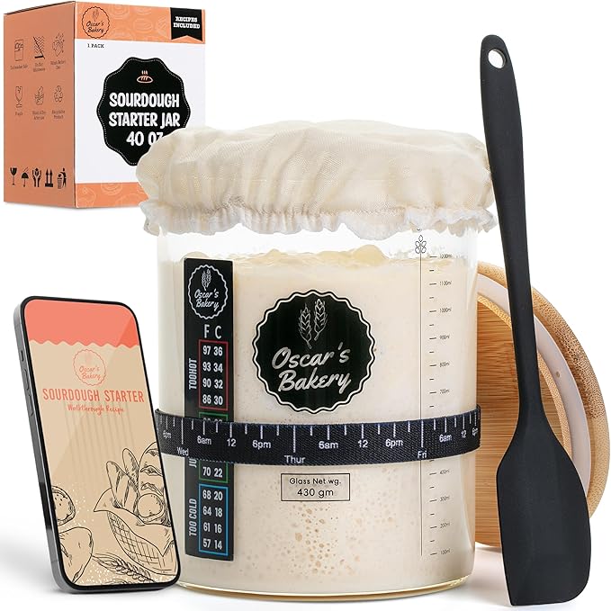 Oscar's Bakery Sourdough Starter Jar Kit ??Sour dough Glass Crock with Lid, 40 oz, Includes Accessories & Recipe, Large Sourdough Jar for Bread Baking Supplies