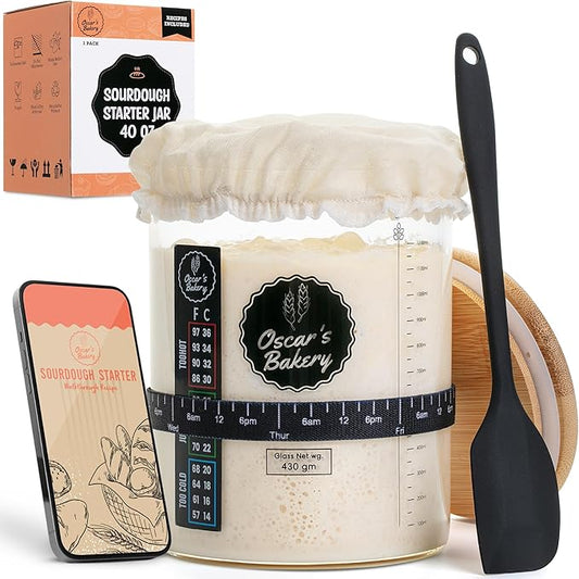 Oscar's Bakery Sourdough Starter Jar Kit ??Sour dough Glass Crock with Lid, 40 oz, Includes Accessories & Recipe, Large Sourdough Jar for Bread Baking Supplies