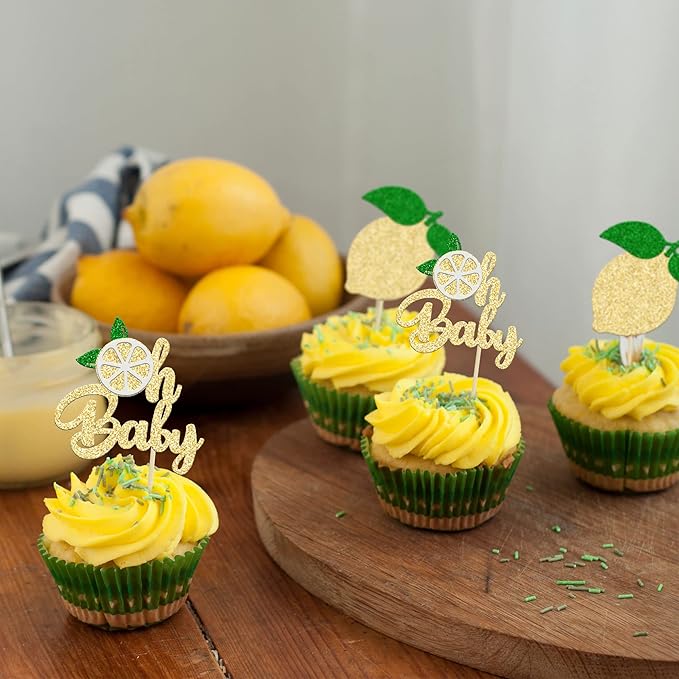 24Pcs Lemon Oh Baby Cupcake Toppers Glitter Fruit Theme Oh Baby Lemonade Party Cupcake Picks for Lemon Theme Baby Shower Kids Boys Girls Birthday Party Cake Decorations Supplies
