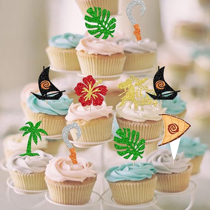30 Pack Moana Cupcake Toppers Glitter Palm Leaf Moana Cupcake Picks The Sea is Calling Hawaiian Tropical Cake Decorations for Luau Summer Baby Shower Birthday Party Supplies