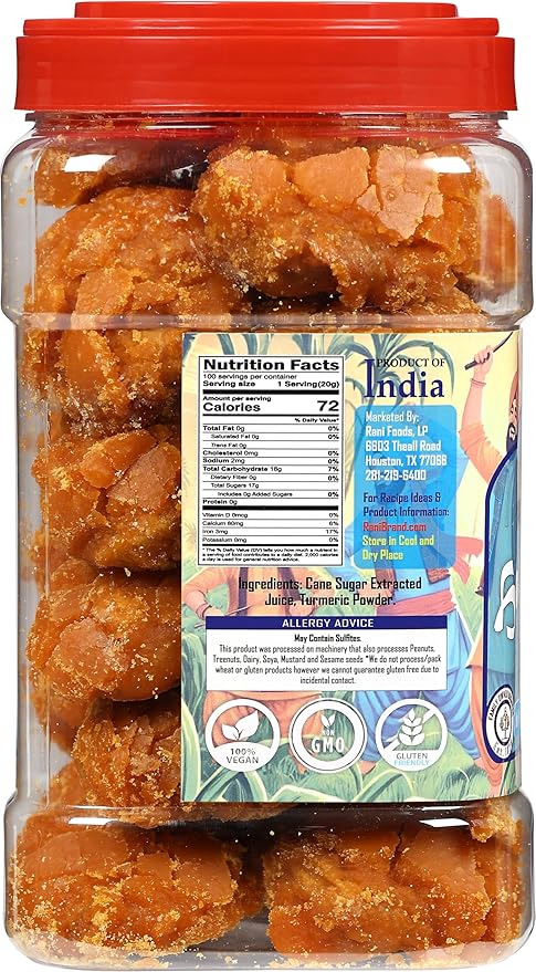 Rani Haldi Gur (Turmeric with Indian Jaggery) Indian Unrefined Raw Cane Sugar 70oz (4.4lbs) 2kg PET Jar ~ Gluten Friendly | Vegan | NON-GMO | Kosher | No Salt or fillers | Indian Product