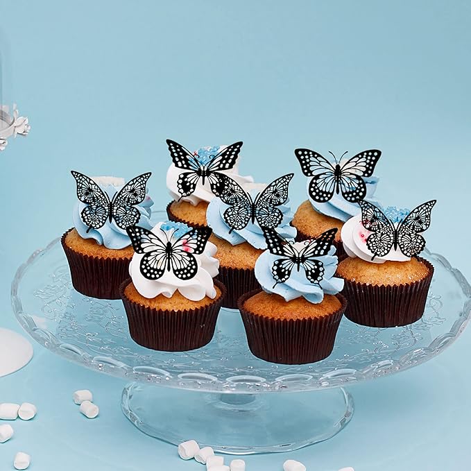 Gyufise 36 Pack Black Laser 3D Butterfly Cupcake Toppers Hollow Cake Decorations for Birthday Wedding Fairy Party Wall Sticker Decal