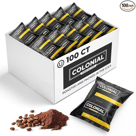 Colonial Coffee 100 Count Single Pot Coffee Packets ??100% Arabica Vanilla Flavored Medium Roast | Pre-Measured Frac Packs for 12 Cup Maker | Bulk Ground Gourmet Coffee for Home & Office