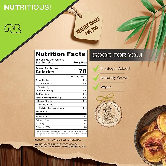 NUT CRAVINGS - Sun Dried California Peaches, No Sugar Added, Unsweetened (48oz, 3 LB) Bulk Dry Fruits Packed Fresh in Resealable Bag - Sweet Healthy Snack, Naturally Grown, Vegan, Kosher