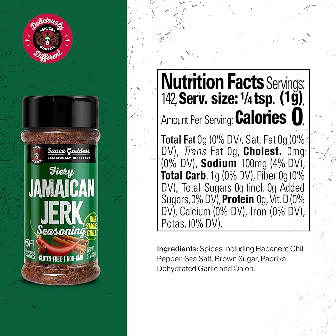 Sauce Goddess - Fiery Jamaican Jerk Spice Shaker - Caribbean Seasoning for Chicken, Pork & Seafood, Low Sugar, Low Sodium, Fat-Free, Vegan - 5oz