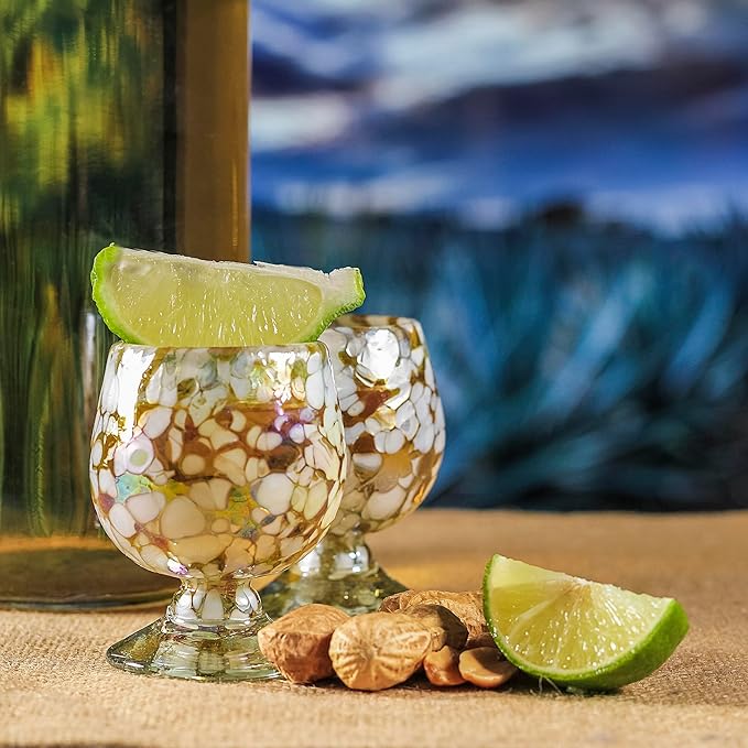 Authentic Mexican Tequila Hand Blown Shot Glasses - Set of 4-2 oz - Mini Glass Snifters - Heavy Base - Cognac (Gold)
