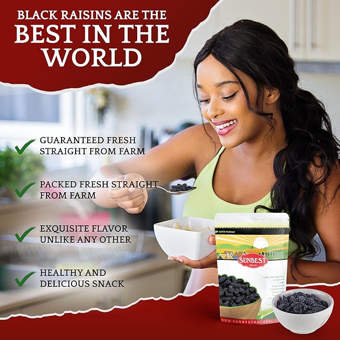 Sunbest Natural Jumbo Raisins Black 32 Oz (2 lbs) - Plump & Juicy, Rich in Healthful Nutrients & Dietary Fiber - Resealable Bag - Ideal for Snacking, Cooking & Baking - Long lasting Freshness