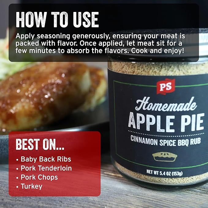PS Seasoning Apple Pie Rub - Sweet and Smoky Cinnamon BBQ Seasoning for Smoking, Grilling, Baking - Buttery Apple Cinnamon Dry BBQ Rubs and Spices for Grilling Pork Chops, Ribs, Tenderloin, Turkey