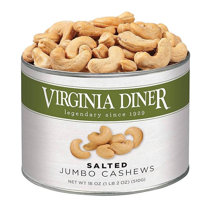 Virginia Diner Jumbo Salted Cashews - Non-GMO, Preservative Free Gourmet Cashews Gift from Virginia Since 1929-18 Oz Can