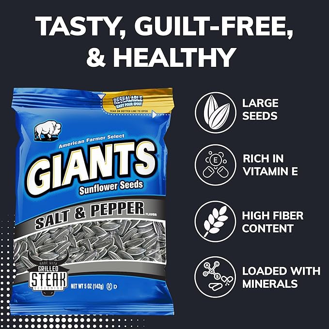GIANTS Salt & Pepper Sunflower Seeds - Sunflower Seeds Bulk, Cracked Pepper Sunflower Seeds to Eat, Flavored Healthy Snack with 8g Protein Per Serving - 5 oz Bags (Pack of 3)