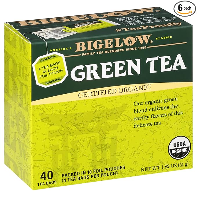 Bigelow Tea Organic Green Tea Bags Box, Caffeinated Tea with Green Tea, 40 Count Box (Pack of 6), 240 Total Tea Bags