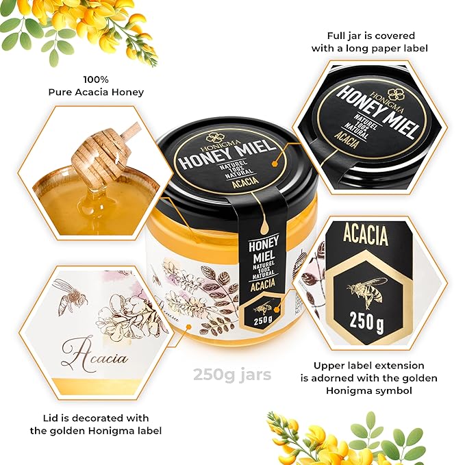 HONIGMA® Raw Acacia Honey | Exquisite Taste | 100% Pure | Unpasteurized | Unfiltered | Partially crystallized | 8.8 Fl Oz | Pack of 1