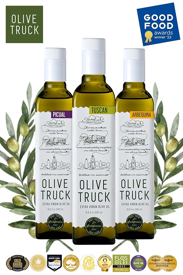 Olive Truck California Extra Virgin Olive Oil - Made from Early Harvest Olives, Authentic & Filtered, Glass Bottle, Cold-Pressed High Polyphenol Olive Oil - Picual (Spanish) 16.9 fl oz (Pack of 1)