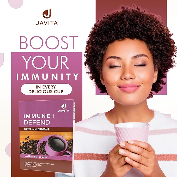 Mushroom Coffee by Javita, Immune & Defend Blend of Chaga, Lion's Mane and Dark Roast Coffee for Morning Boost, Antioxidant Support; Keto-friendly, 1 box of 24 (3.5 g) Sticks, 24 ct