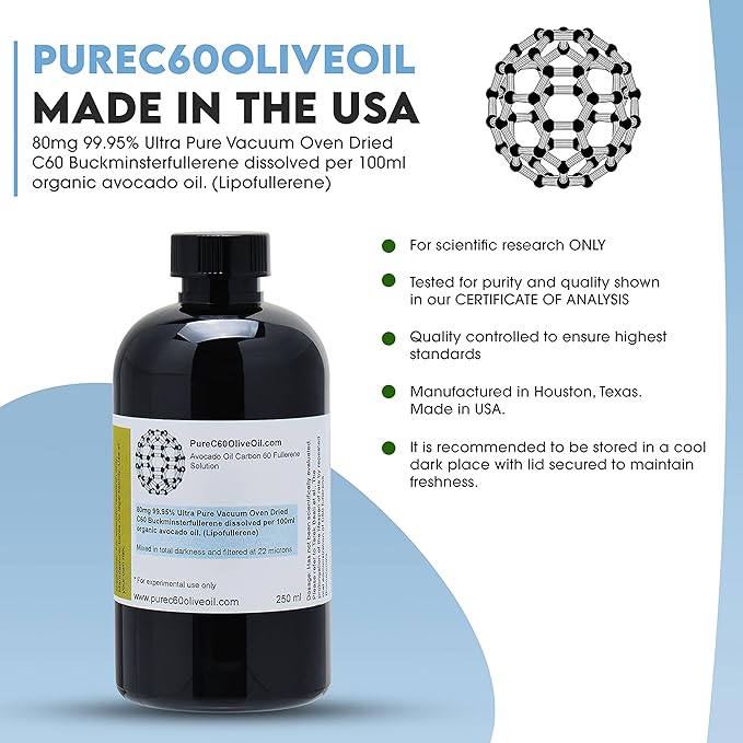 PureC60OliveOil C60 Organic Avocado Oil 250ml / 8.5 Fl Oz - 99.95% Carbon 60 Solvent Free 200mg - Food Grade - Carbon 60 Avocado Oil - from The Leading Global Producer