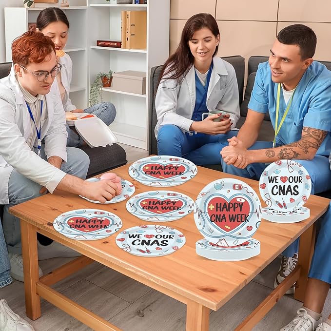 96Pcs Happy CNA Week Plates and Napkins Nurse Appreciation Week Party Decorations We Love Our CNAS Dessert Plates Nurse Tableware for 24 Guests CNA Appreciation Week Party Supplies