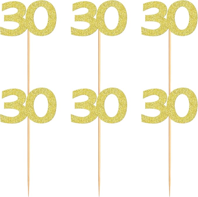 24PCS Gold Glitter 30th Birthday Cupcake Toppers Number 30 Birthday Celebrating Cake Decorations Supplies for Birthday Anniversary Party