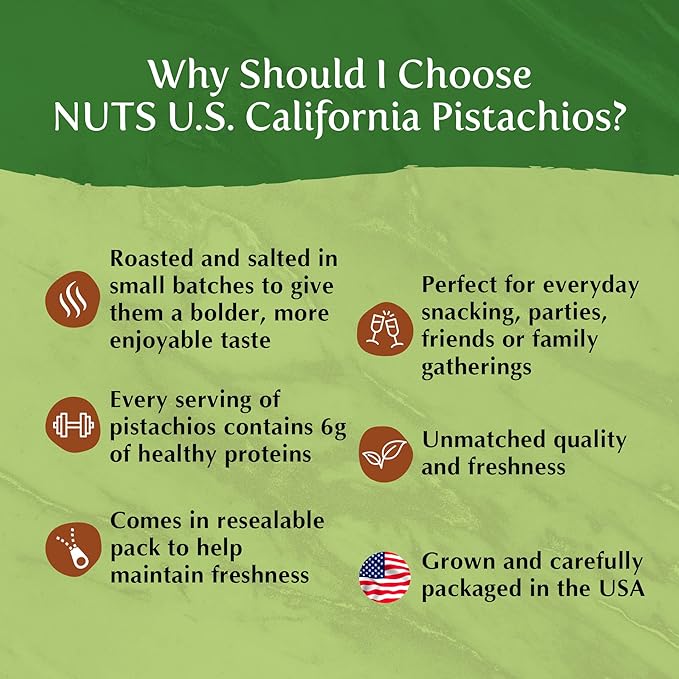 NUTS U.S. ??California Pistachios | Roasted & Salted | No Wax, No Added Color or Flavor | NON-GMO and Natural | JUMBO SIZE Pistachios In Resealable Bags!!! (2 LBS)