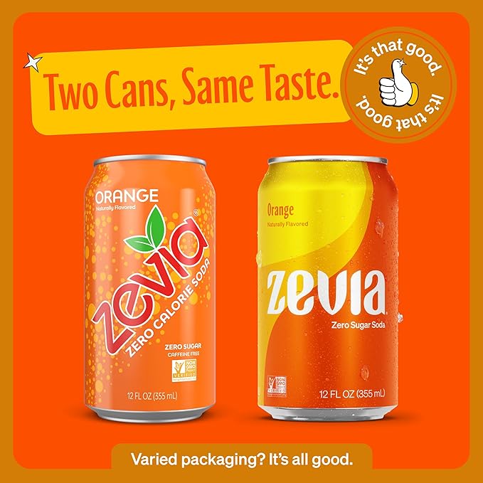 Zevia Zero Sugar Soda, Orange, 12 oz Cans (24-Pack) ??Naturally Sweetened, Non-GMO Project Verified, Gluten-Free, Vegan