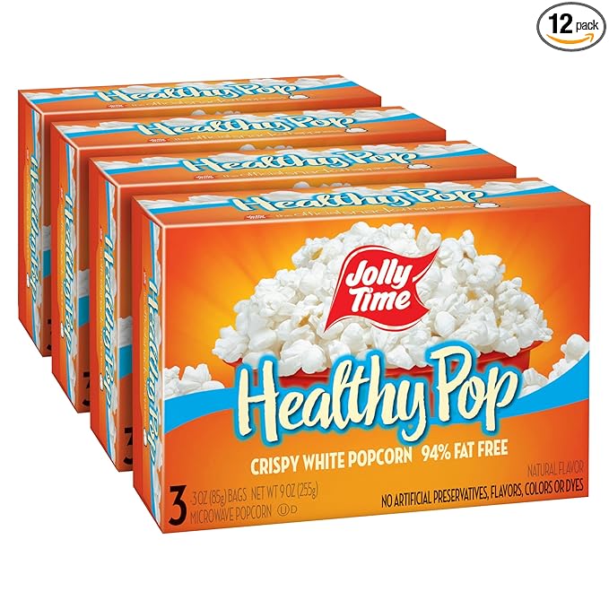 Jolly Time Healthy Pop Microwave Popcorn, Low Fat Gluten Free Non-GMO, 3oz Sharing Bag, 3 Bags Per Carton (Healthy Pop - Crispy N' White, 3 Ounce (Pack of 12))