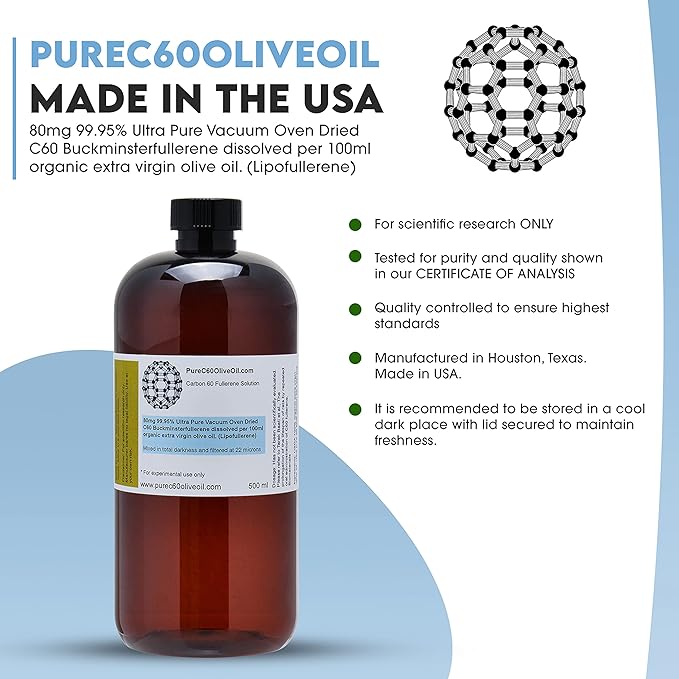 PureC60OliveOil C60 Organic Olive Oil 500ml / 16.9 Fl Oz - 99.95% Carbon 60 Solvent Free 400mg - Food Grade - BUCKMINSTERFULLERENE Carbon 60 Olive Oil - from The Leading Global Producer