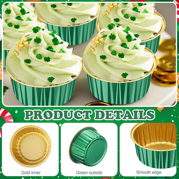 Gejoy 400 Pcs Aluminum Foil Baking Cups with Lids 5 oz Disposable Ramekins Mini Cake Pans Creme Brulee Cupcake Liners Muffin Tins Flan Mold Dessert Container for Wedding (Dark Green,Gold,Classic)