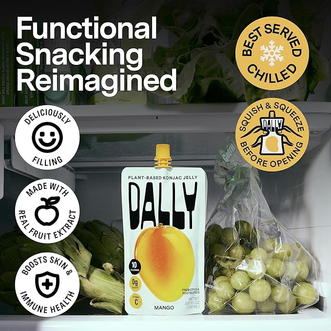 Dally Mango Drinkable Konjac Jelly (10 Pouches) ??10-Calorie, Zero Sugar Korean Fruit Snack ??Prebiotics & Postbiotics for Skin, Immune & Weight Management