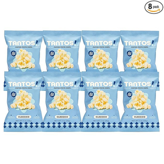 Tantos! Puffed Pasta Chips ??Healthy Pasta Snack by Top Chef Joe Sasto ??Plant-Based, Low Calorie, Crunchy Chips ??Variety Pack ??Marinara, Pesto, Cacio e Pepe, Classico ??Gourmet Bold Flavors (1 oz 8 Pack, Classico)