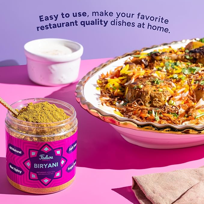 Fadwa Masala Biryani Spice Mix - 4.5 oz Jar, Salt & Sugar Free, Non-Spicy Authentic Desi Spices for Pakistani & Indian Cooking, Curry, Garam Masala - No Artificial Ingredients - Gluten Free