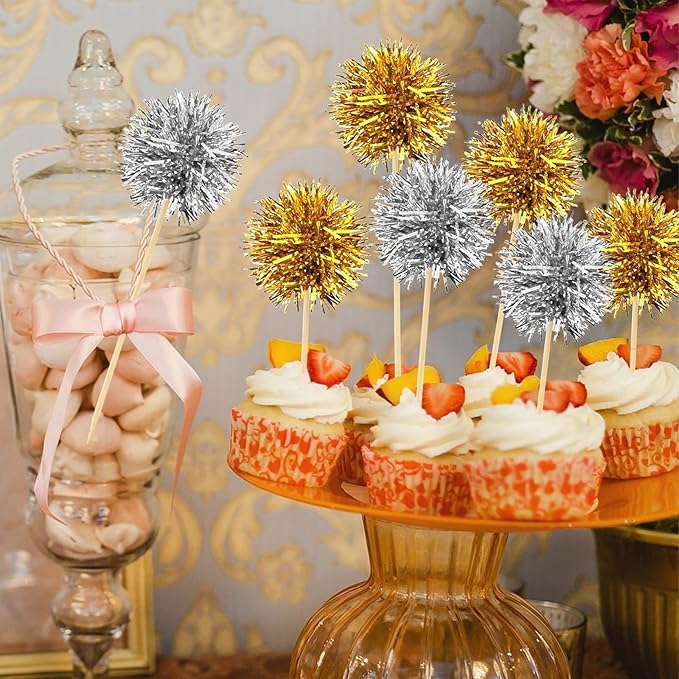 MEMOVAN Foil Firework Cupcake Toppers 100PCS Sparkle Tinsel Cake Toppers Tinsel Drink Stirrer Gold Silver Cake Cupcake Decoration Cocktail Picks for Birthday Wedding Graduation Party Sipplies