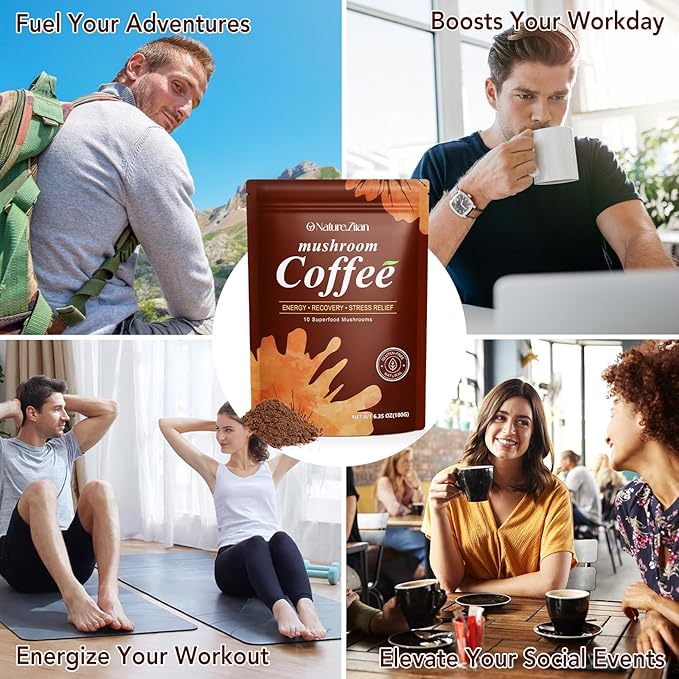 Mushroom Coffee Organic with 10 Adaptogenic Mushrooms, Grown Instant Coffee for Better Energy, Focus, Digestion, Immunity with Lions Mane & Turkey Tail, 30 servings