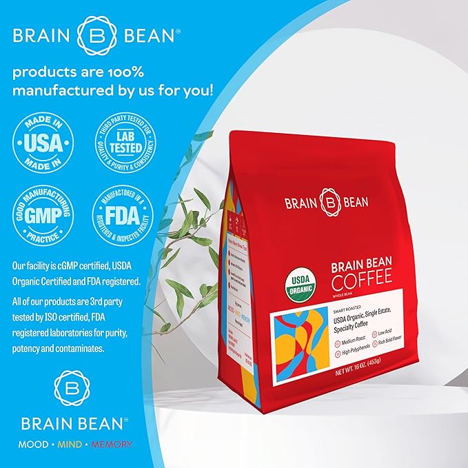 Brain Bean Organic Coffee ??Smooth Taste & Rich Medium Roast ??High Antioxidant & USDA certified organic for Cognitive Support, Mood Enhancement & Toxin Removal - Whole Bean Coffee ??16 oz (1-Pack)