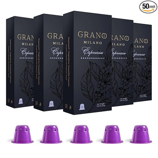 Grano Milano - 50 Espresso Pods Compatible with Nespresso Original line, Medium Roast - Intensity 9/12, Coffee Capsules Made in Italy Espresso Coffee