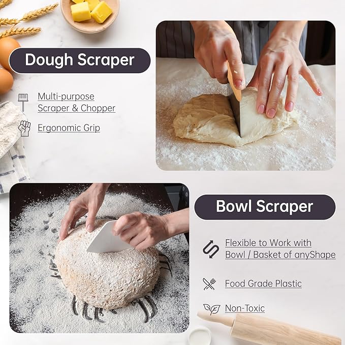 Banneton Bread Proofing Basket, 9" Round & 10" Oval Sourdough Bread Baking Supplies, Bread Making Supplies Tools, with Bread Lame, Danish Whish, Bowl Scraper, Sourdough Scraper, and Linen Liners