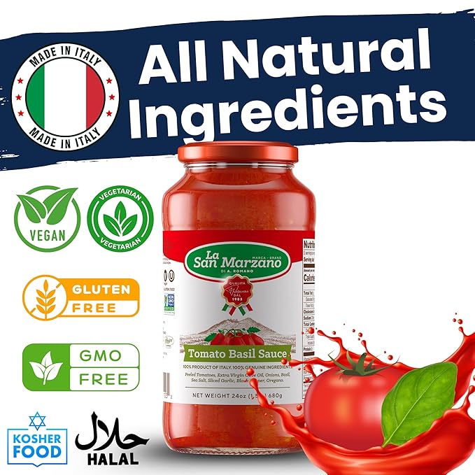 La San Marzano Tomato Basil Sauce, 24 oz, Pasta Sauce Made in Italy, All Purpose Tomato Premium Quality, All Natural, Mediterranean Diet, Non GMO, Vegan, Gluten Free