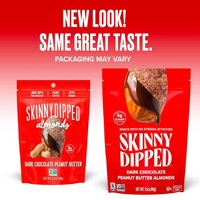 SkinnyDipped Dark Chocolate Peanut Butter Almonds, Healthy Snack, Plant Protein, Gluten Free, 3.5 oz Resealable Bags, (Pack of 5)