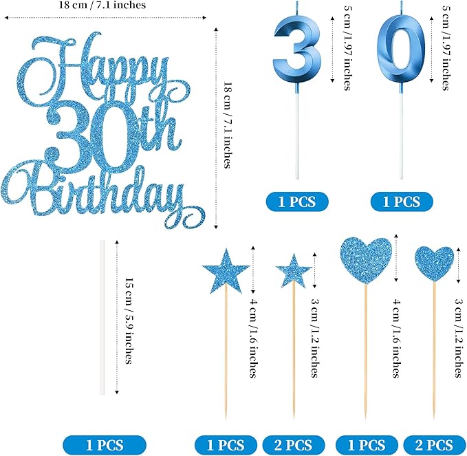 30th Birthday Cake Toppers, 30th Birthday Candles Numeral Candles and Glitter Cake Decorations Toppers Set for Party Supplies (Blue)