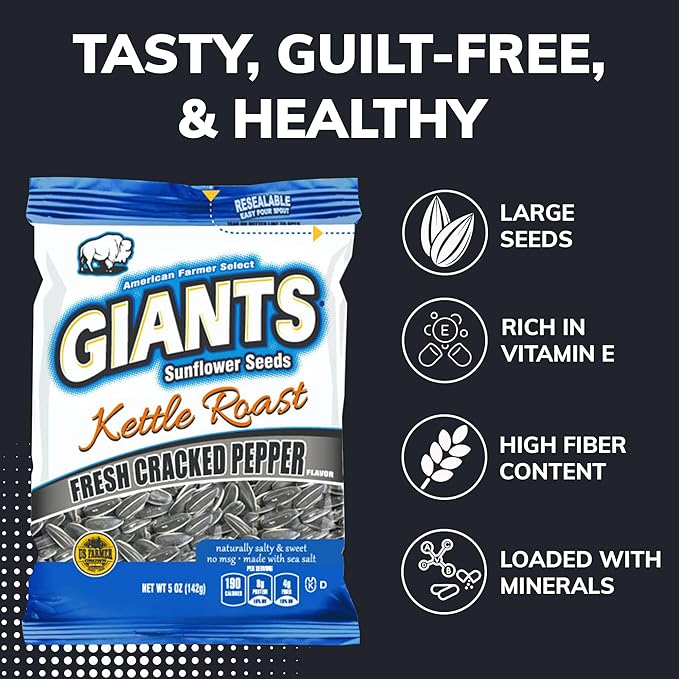 GIANTS Kettle Roast Fresh Cracked Pepper Sunflower Seeds - Sunflower Seeds Bulk, Roasted Sunflower Seeds to Eat, Healthy Snack, 8g Protein Per Serving - 5 oz Resealable Bags (Pack of 3)