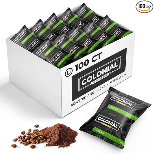 Colonial Coffee 100 Count Single Pot Coffee Packets ??100% Arabica Donut Shop Blend Medium Roast | Pre-Measured Frac Packs for 12 Cup Maker | Bulk Ground Gourmet Coffee for Home & Office