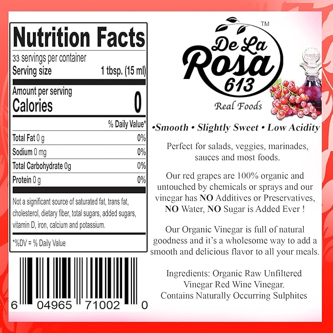 De La Rosa Organic Red & White Wine Vinegar, Raw & Unfiltered, with the “Mother”, Kosher for Passover, Vegan, Non-GMO & Gluten Free, Great for Salad Dressings & More 16.9 Oz (Pack of 2)